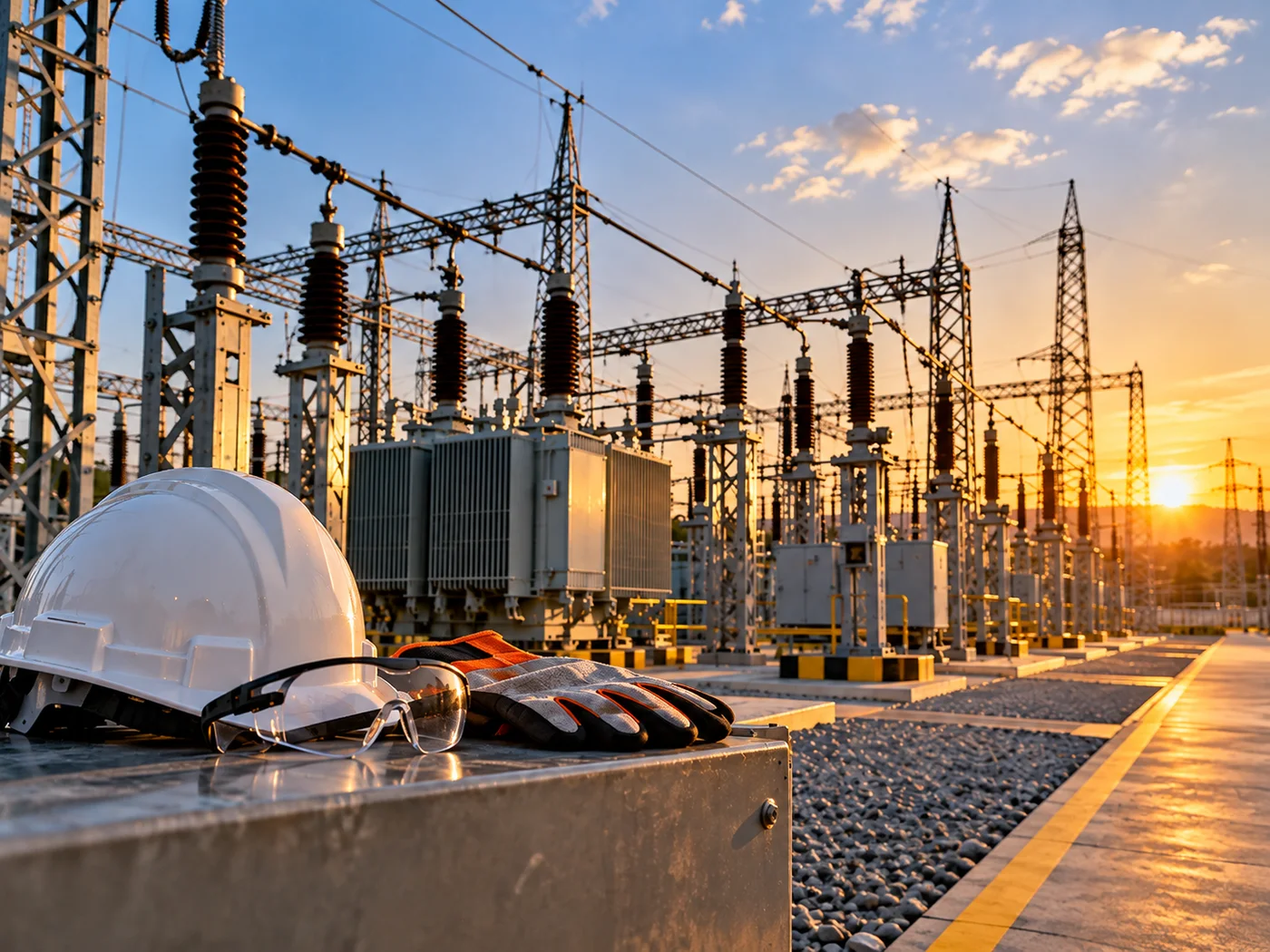 Safety helmet, protective glasses and gloves at a VEC substation at sunset